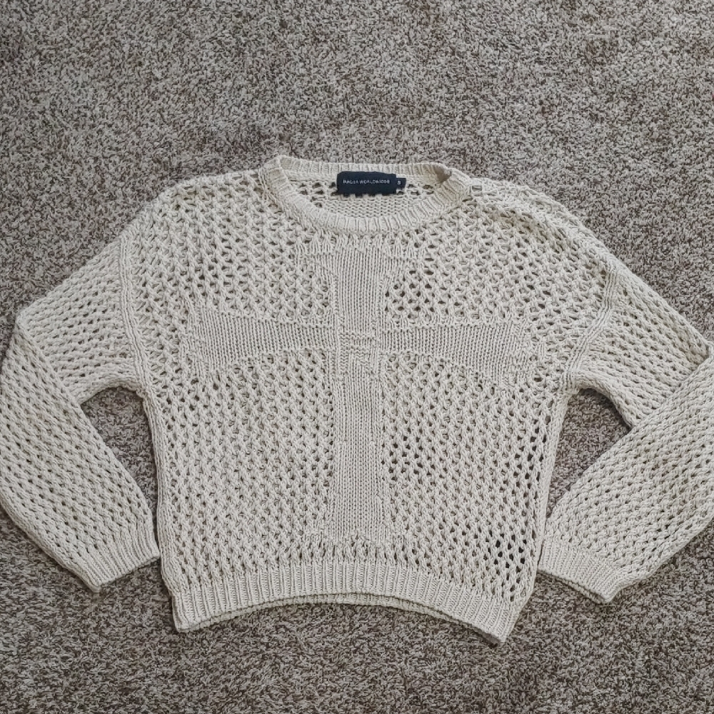 Racer Worldwide Crochet Sweater Beige Knit Cross Women's Size S